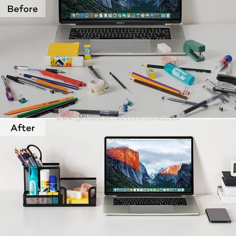 Organizador de Mesa em Malha de Aço com Porta-Lápis e Cestos de Armazenamento para Acessórios de Escritório, 3 Compartimentos, Preto - Material de Escritório no Atacado