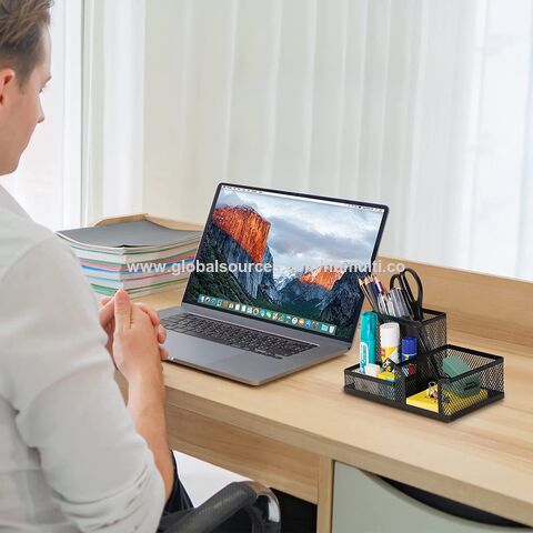 Organizador de Mesa em Malha de Aço com Porta-Lápis e Cestos de Armazenamento para Acessórios de Escritório, 3 Compartimentos, Preto - Material de Escritório no Atacado