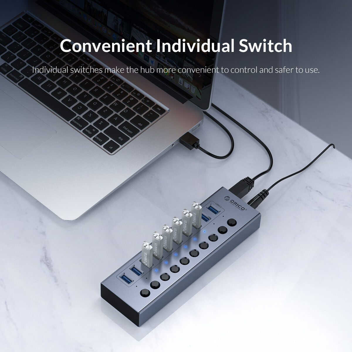 ORICO USB Hub 3.0 Powered 7 Ports USB Data Hub with 12V2A Power Adapter, Individual Power Switches, and LEDs, USB Extension for iM