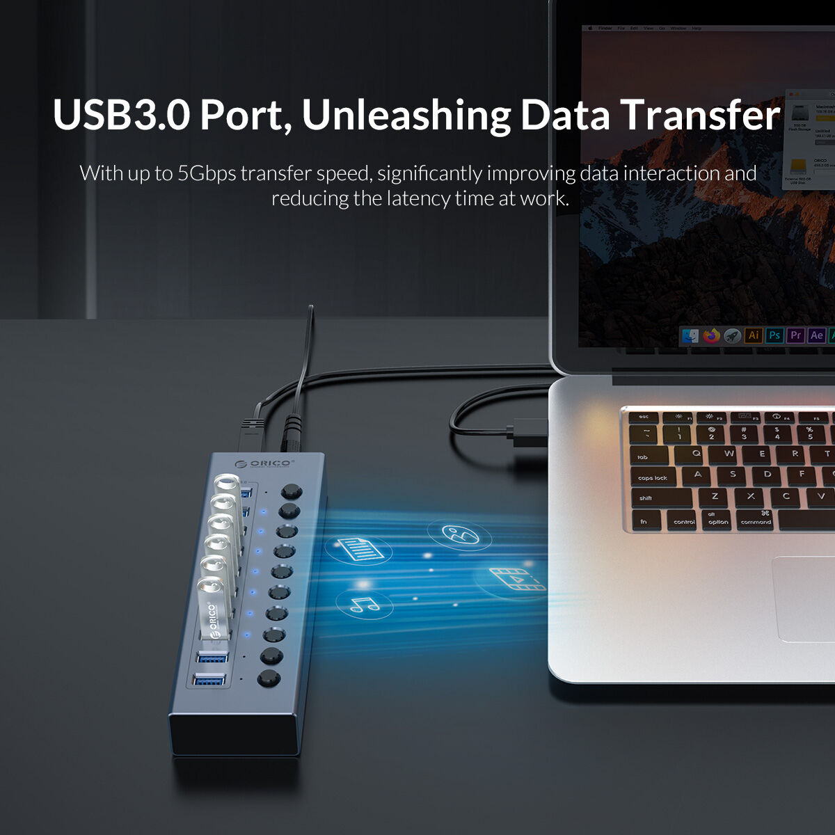 ORICO USB Hub 3.0 Powered 7 Ports USB Data Hub with 12V2A Power Adapter, Individual Power Switches, and LEDs, USB Extension for iM