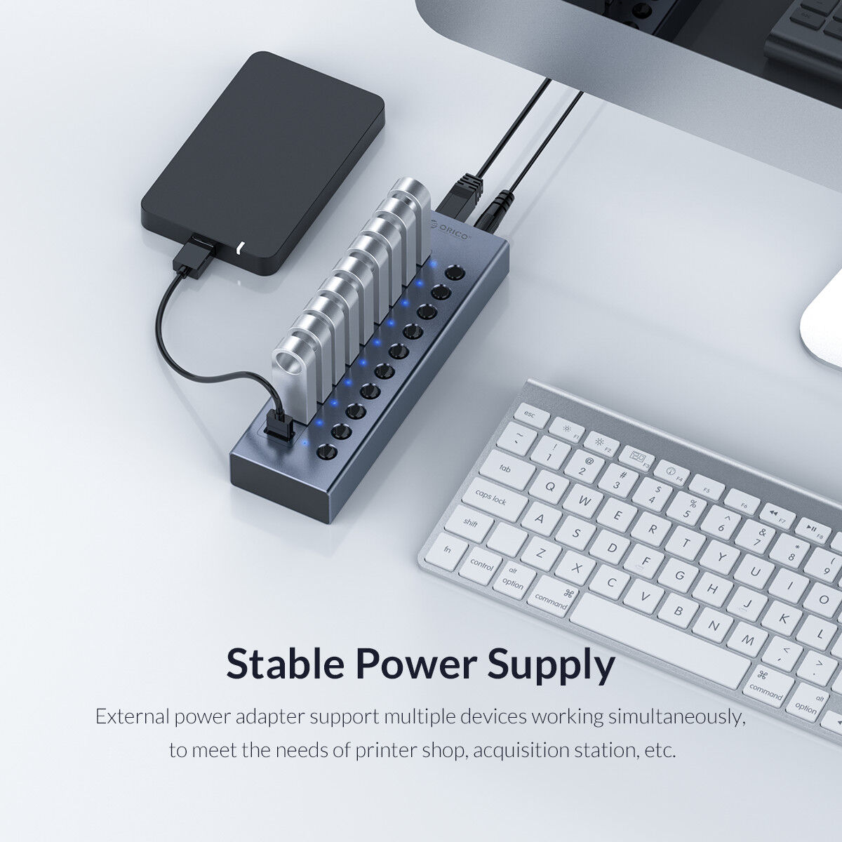 ORICO USB Hub 3.0 Powered 7 Ports USB Data Hub with 12V2A Power Adapter, Individual Power Switches, and LEDs, USB Extension for iM
