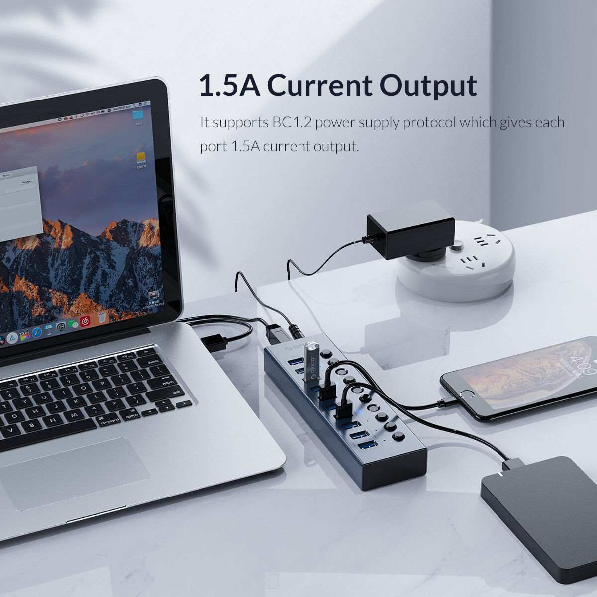 ORICO USB Hub 3.0 Powered 7 Ports USB Data Hub with 12V2A Power Adapter, Individual Power Switches, and LEDs, USB Extension for iM