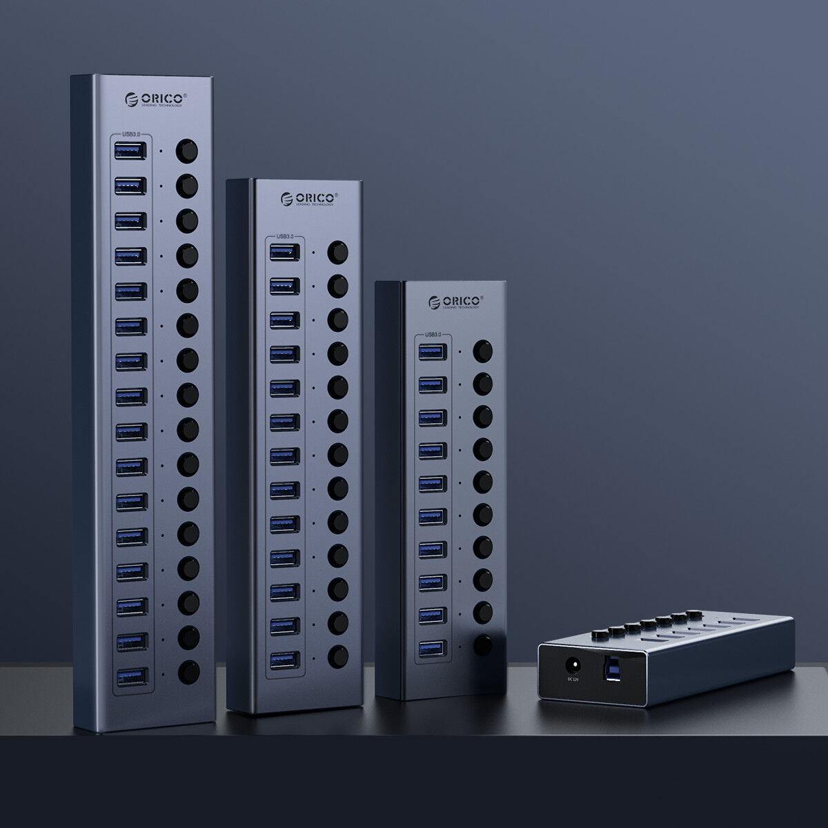 ORICO USB Hub 3.0 Powered 7 Ports USB Data Hub with 12V2A Power Adapter, Individual Power Switches, and LEDs, USB Extension for iM