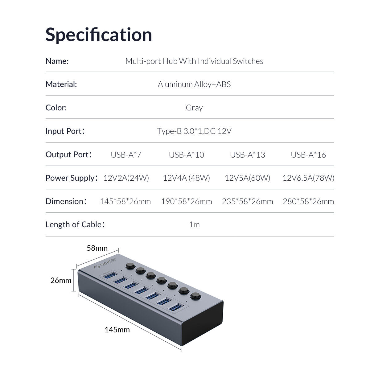 ORICO USB Hub 3.0 Powered 7 Ports USB Data Hub with 12V2A Power Adapter, Individual Power Switches, and LEDs, USB Extension for iM