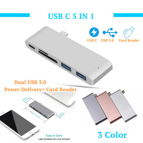 HUB USB Tipo C 5 EN 1 a USB 3.0 con Carga PD, Lector de Tarjetas TF SD y Divisor USB para MacBook Air y Laptops - Docking Station
