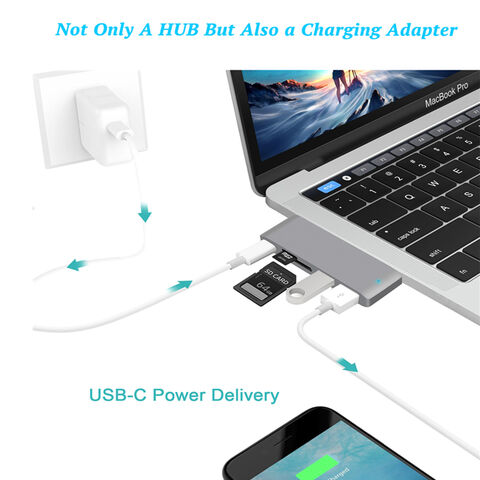 HUB USB Tipo C 5 EN 1 a USB 3.0 con Carga PD, Lector de Tarjetas TF SD y Divisor USB para MacBook Air y Laptops - Docking Station