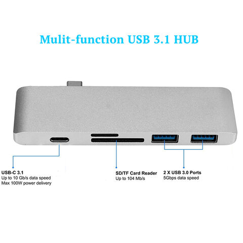 HUB USB Tipo C 5 EN 1 a USB 3.0 con Carga PD, Lector de Tarjetas TF SD y Divisor USB para MacBook Air y Laptops - Docking Station