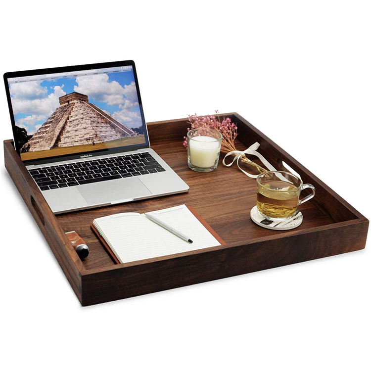 Square Black Walnut Wood Serving Tray Ottoman Tray with Handles