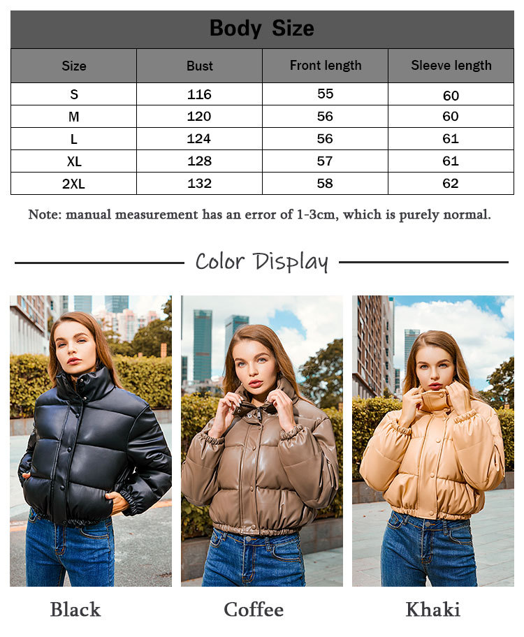 Women's Winter Jacket Thick Warm Short Parkas Fashion Black Pu