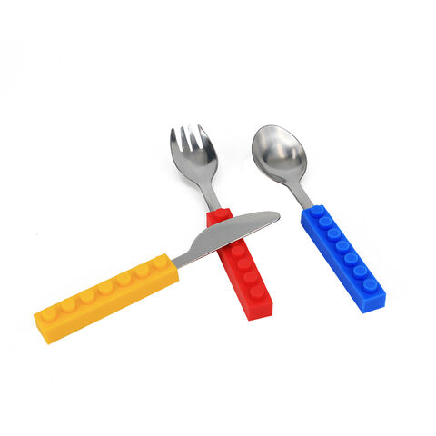 Toddler Utensils and Brick Toys - Set of 3 Interlocking Block Kids  Silverware - Toddler Fork and Spoon Set with Toddler Knife for Kids -  Non-BPA Kids