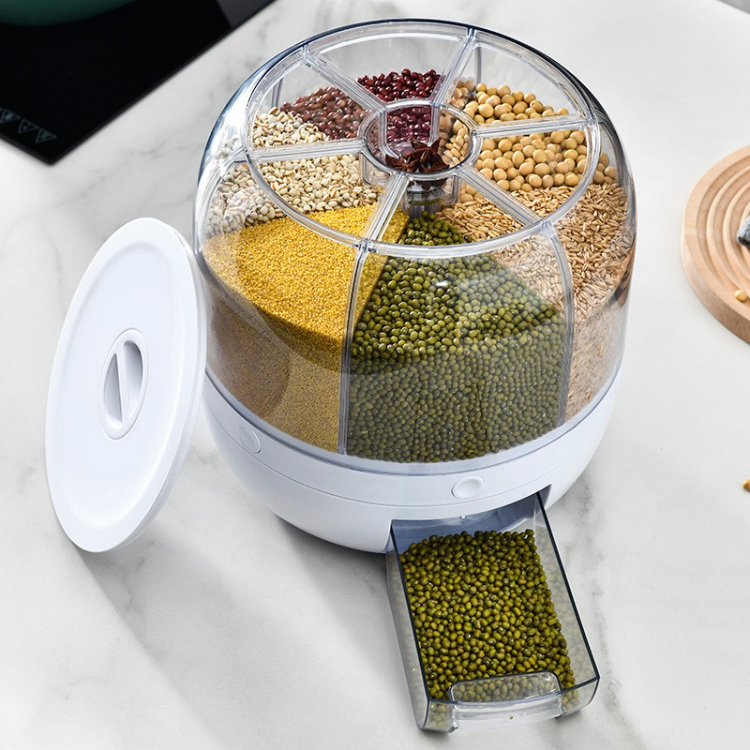 8kg 360° Rotating Cereal Dispenser 6-Grid Airtight Dry Food Dispenser Large Capacity Rice Grain Storage Container Kitchen Flour Beans Storage Bucket L