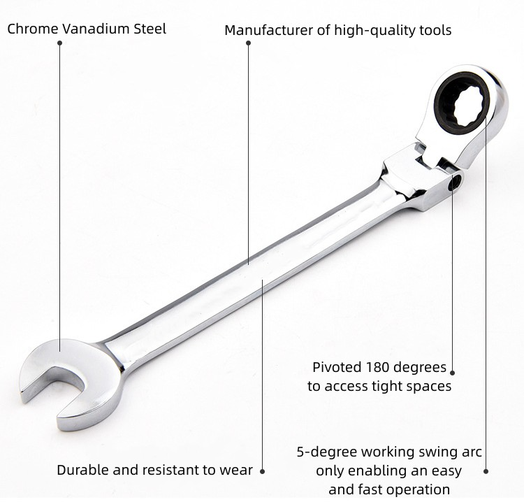 Xtreme Flexible Head Ratchet Wrench - 5° Movement, Hardened Chrome Vanadium Steel