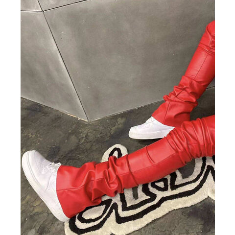 Customized Printed Logo Men Pu Leather Stack Pants High Customized Printed Logo Men Pu Leather Stack Pants High