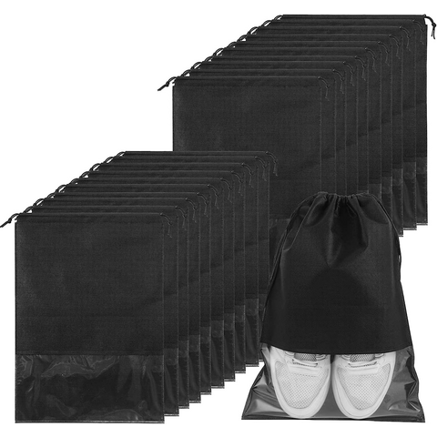 12pcs pour les voyages - Grande prise de poche d'emballage de chaussures à  cordon anti-poussière pour hommes femmes, noir
