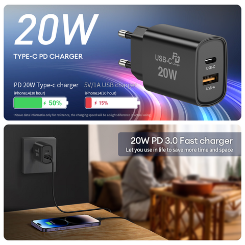 فينا 2023 شاحن سريع PD بقوة 20 واط بمنافذ Type C و USB - شواحن حائط لأجهزة iPhone 13 و 14