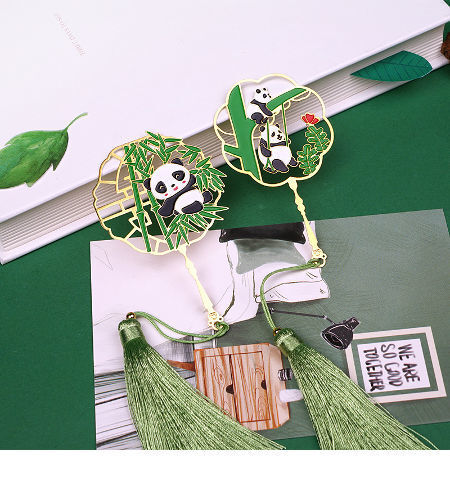 Panda Metal Bookmarks, Fan Shaped Panda Metal Bookmark with Tassel