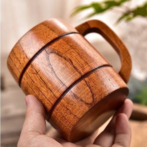 Taza grande clásica hecha a mano de madera maciza natural para beber té, cerveza, vino, leche, café y bebidas calientes.