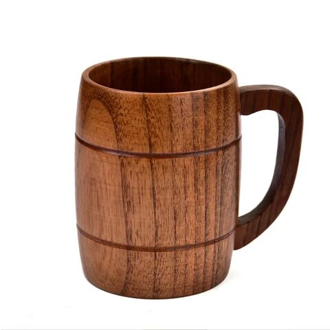 Taza grande clásica hecha a mano de madera maciza natural para beber té, cerveza, vino, leche, café y bebidas calientes.