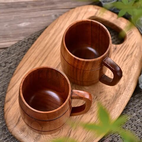 Taza grande clásica hecha a mano de madera maciza natural para beber té, cerveza, vino, leche, café y bebidas calientes.