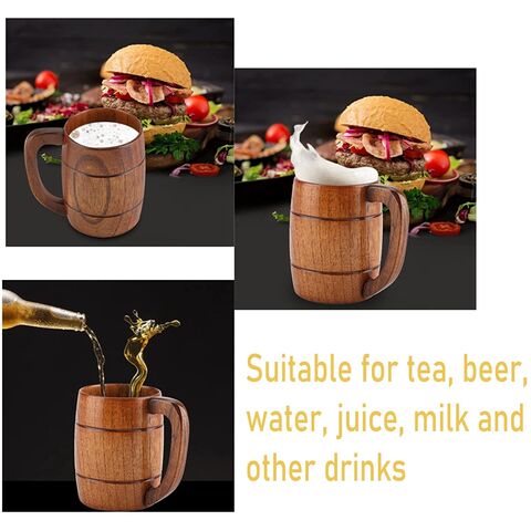 Taza grande clásica hecha a mano de madera maciza natural para beber té, cerveza, vino, leche, café y bebidas calientes.