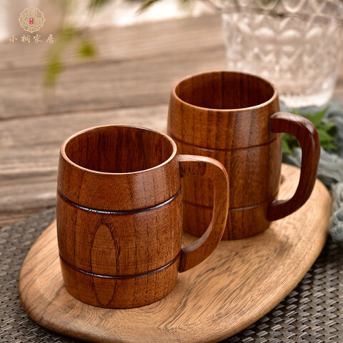 Taza grande clásica hecha a mano de madera maciza natural para beber té, cerveza, vino, leche, café y bebidas calientes.