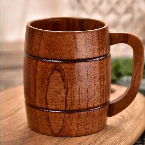 Taza grande clásica hecha a mano de madera maciza natural para beber té, cerveza, vino, leche, café y bebidas calientes.