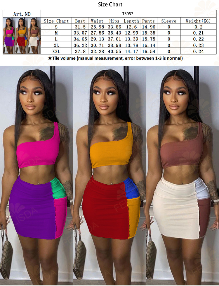 Patchwork Two Piece Skirt Set Sexy Club Outfits For Women Summer Clothing One Shoulder Crop Top Mini Dress Matching Sets Women S Trouser Sexy Ropa De Mujer Streetwear New Plus Size T