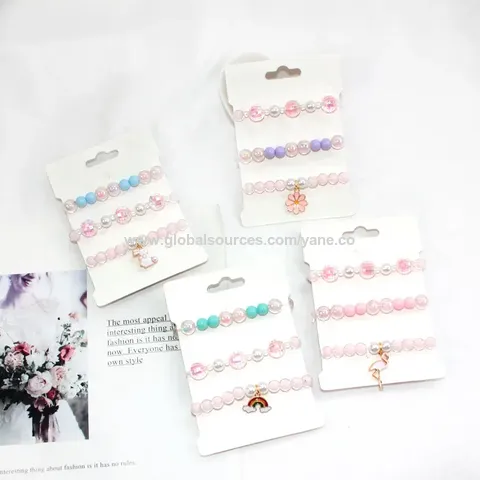 Kawaii Bracelets Set Crystal Beads Pearl Bracelets Cute Cartoon Elastic  Beaded B