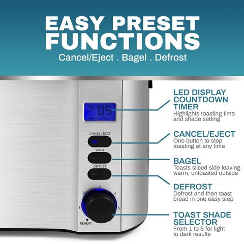 2 Slice Toaster, Retro Bread Toaster with LED Digital Countdown Timer,  Extra Wide Slots Toasters with 6 Shade Settings, Bagel, Cancel, Defrost