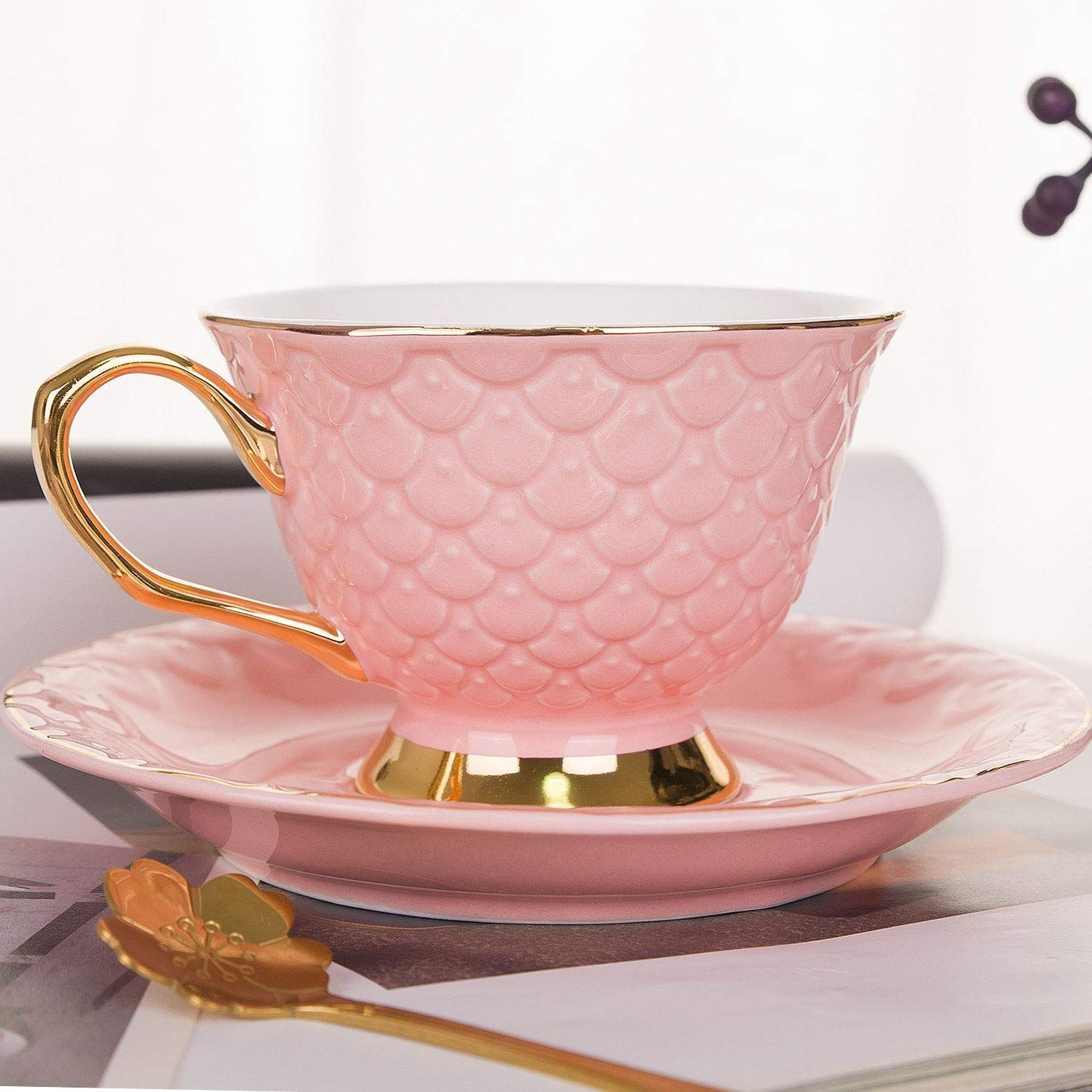 Crystal cup with saucer, 75ml, gold with blossom