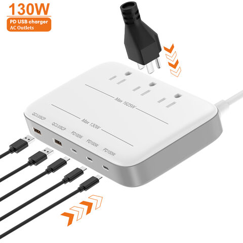 Vina 130W Neu Design 1,8m Universal 3-fach Steckdosenleiste mit Überspannungsschutz, 5 USB-Anschlüssen und Schalter