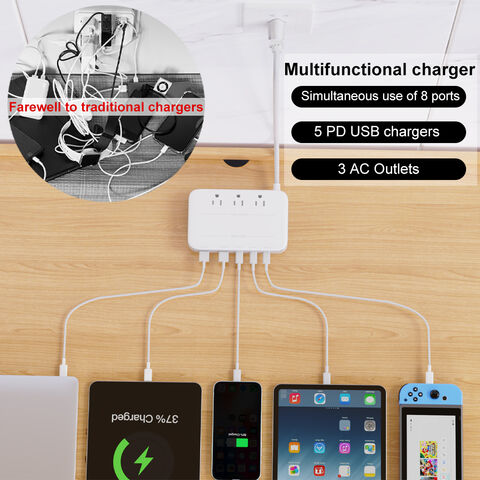 Vina 130W Neu Design 1,8m Universal 3-fach Steckdosenleiste mit Überspannungsschutz, 5 USB-Anschlüssen und Schalter