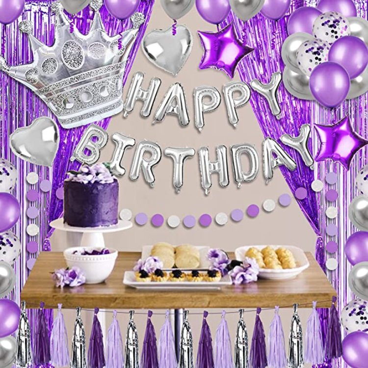 Purple Party Decorations with Happy Birthday Banner, Purple White Confetti  Balloons, Purple Foil Birthday Background, Tassel Garland, Silver Crown  Balloons - China Wedding Party and Birthday Party price