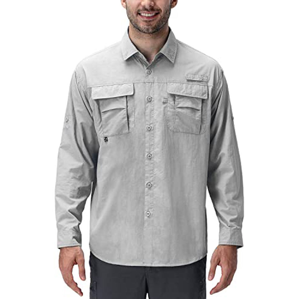 Men's Tactical Shirts Quick Dry UV Protection Breathable Long Sleeve Hiking Fishing Shirts, Light-Grey / S
