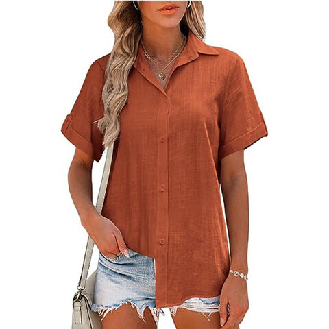 Compre Botão De Linho Camisa Mulheres Roll-up Cuffed Manga Curta Blusas V  Neck Colared Camisas Verão Praia Algodão Tops e Camisa de China por grosso  por 20.8 USD