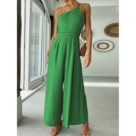 Fashion One-Shoulder Baumwoll-Leinen Jumpsuit 2022 Sommer Neu Grün Rückenfreier Jumpsuit