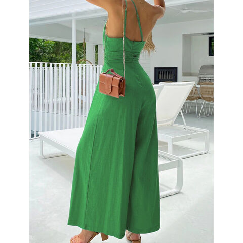 Fashion One-Shoulder Baumwoll-Leinen Jumpsuit 2022 Sommer Neu Grün Rückenfreier Jumpsuit