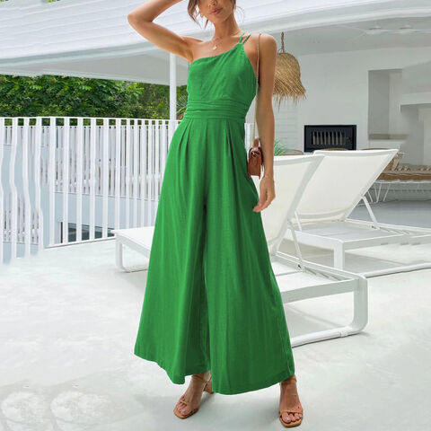 Fashion One-Shoulder Baumwoll-Leinen Jumpsuit 2022 Sommer Neu Grün Rückenfreier Jumpsuit