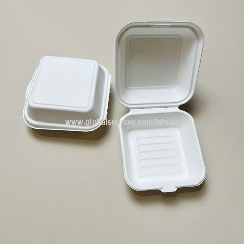 Pulp Tek Square White Sugarcane / Bagasse Extra Large Clamshell