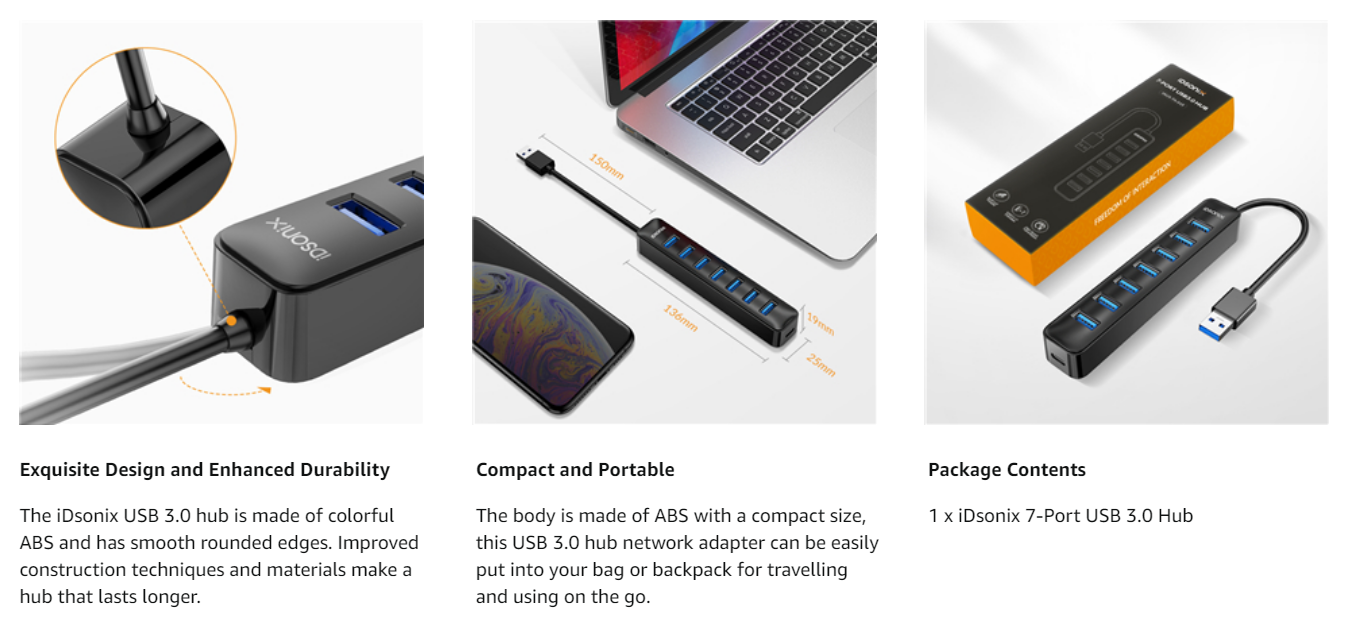 Mini USB Hub, iDsonix 4 Port USB 3.0 Hub, USB Hub Multiport Adapter Al