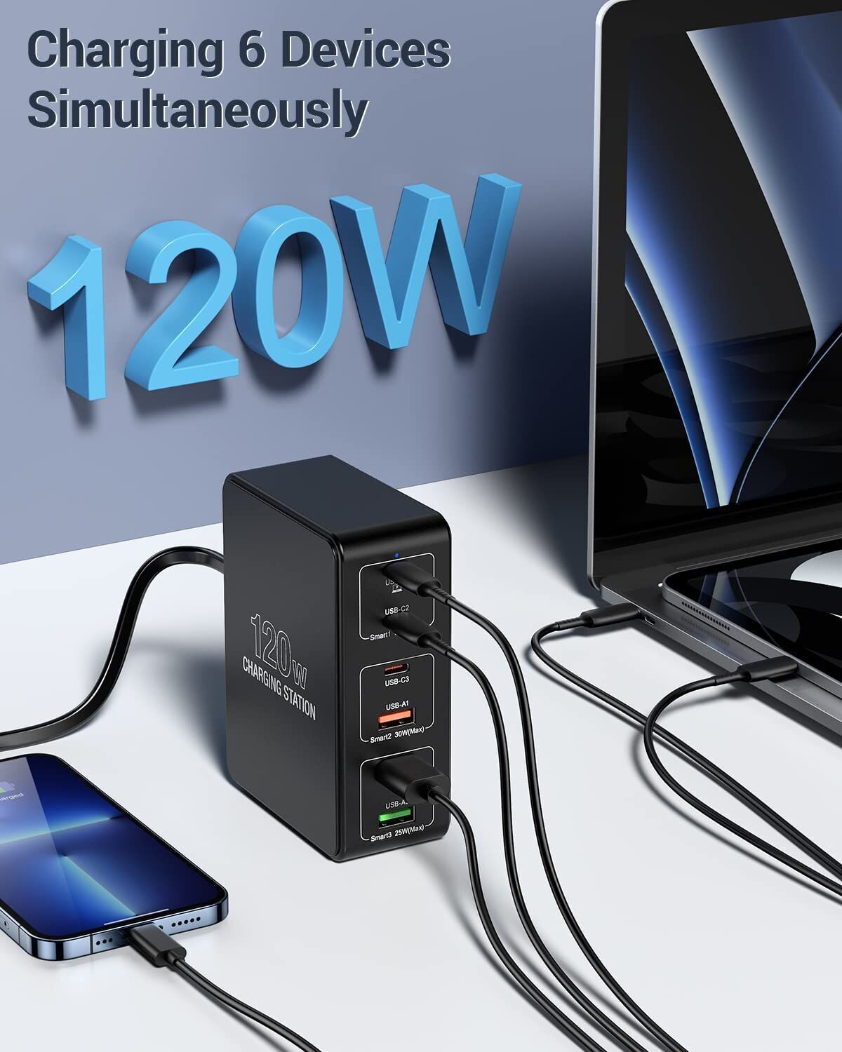 120W Chargeur 6 Ports USB Type C PD Chargeur Rapide Charge