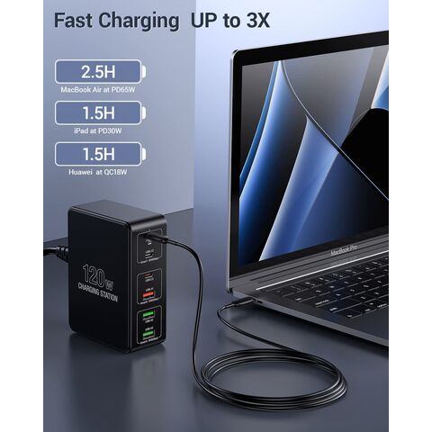 Station de charge USB 160W 5 ports Hub de chargeur rapide avec 15W de charge  sans fil PD65W USB-C QC3.0