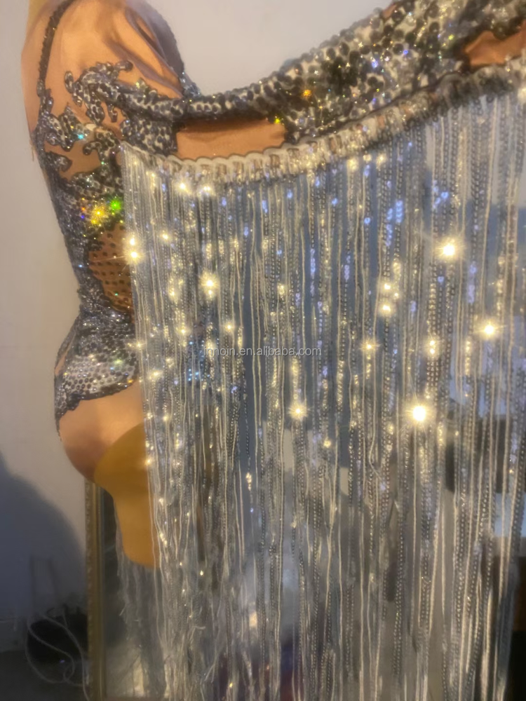 Sexy Backless Sparkly Rhinestones Tassel Leopard Print Bodysuit Performance Dance Costume Singer Dancer Stage Wear Club Outfit