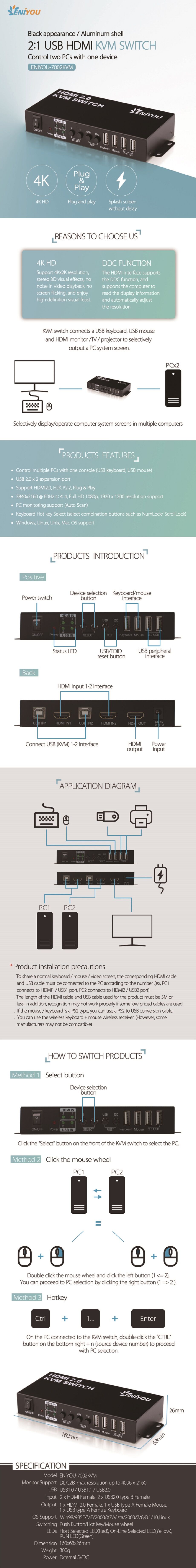 Buy Wholesale China Hdmi 2.0 Kvm Switch 2 In 1 Out With 2 Port Usb