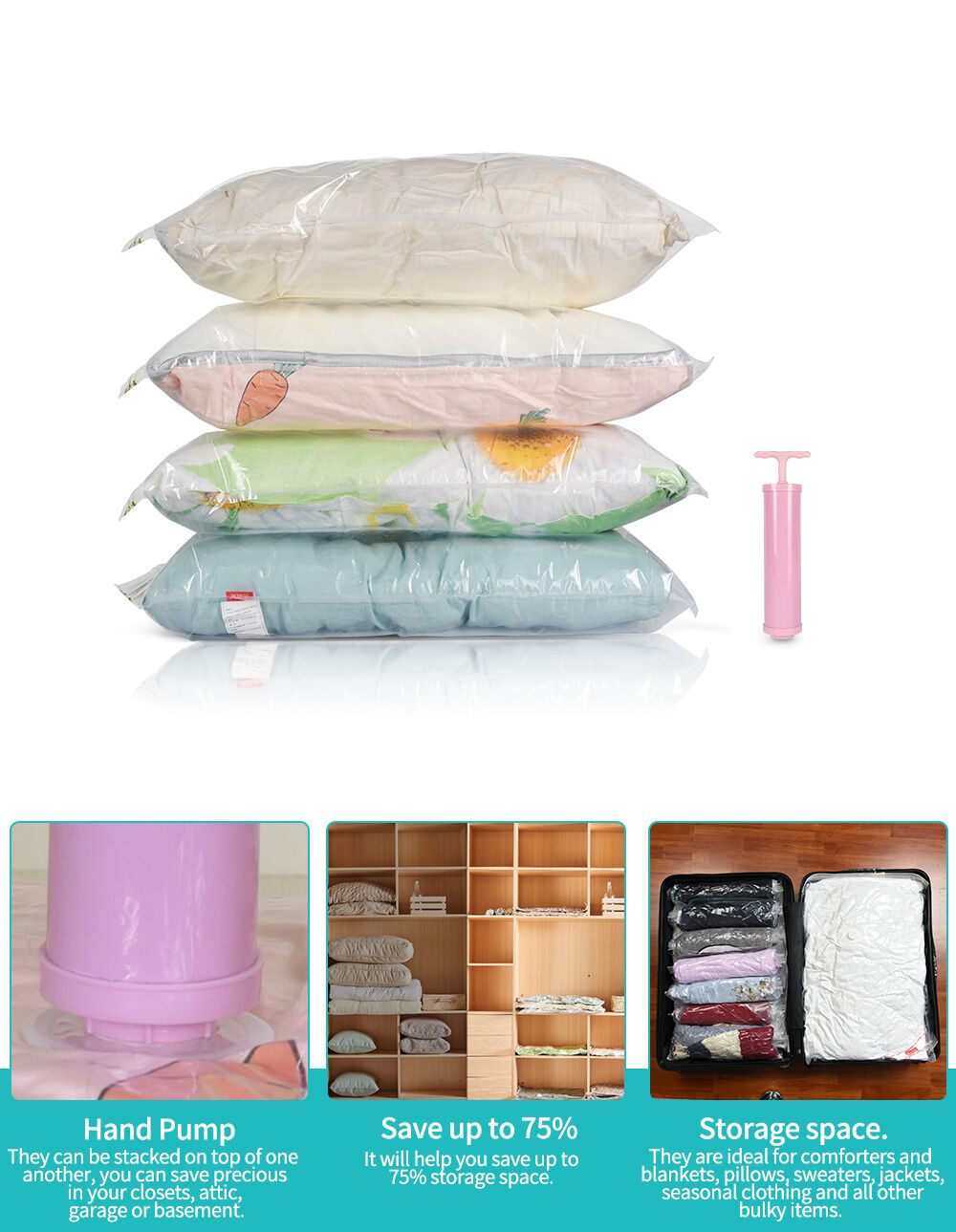 Reusable Vacuum Storage Bags Set for Travel Clothes Pillows