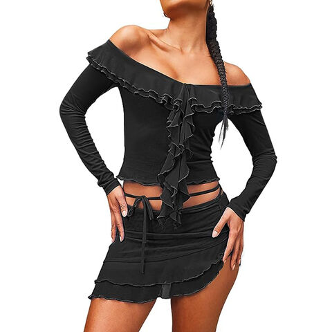 Women's Sexy Long Sleeve Two 2 Pieces Outfits Sheer Mesh Mini Dress Skirt  Set Top V Neck Backless Ruched Bodycon Cover Up, A-black, Small :  : Clothing, Shoes & Accessories