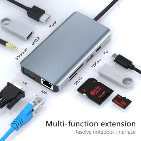 USB-C Multiport HUB Adapter - VGA, Type-C USB, RJ45, HDMI, 3.5mm Audio, SD  - 9 Port