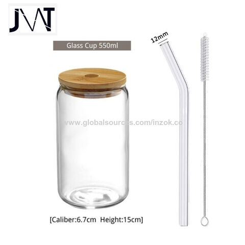 Vaso para beber con tapa de bambú y pajita de cristal transparente (A/H/D)  7x12x7cm, 350ml