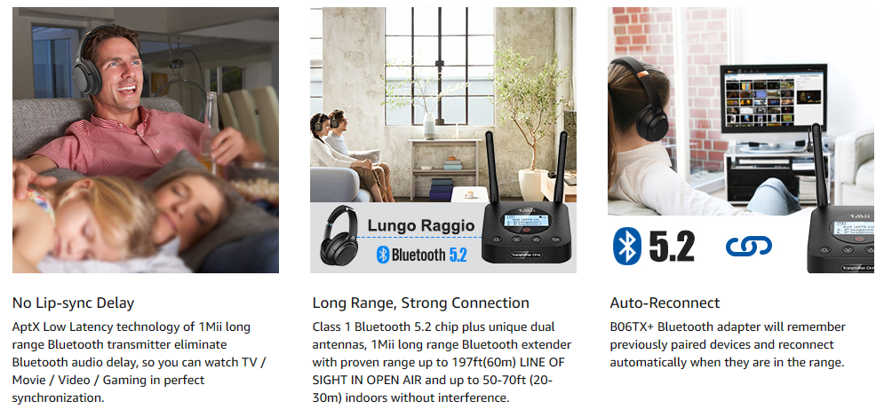 1Mii B06TX+ Trasmettitore Bluetooth 5.0 Per TV Con Display LCD – Portata Lunga, AptX Low Latency, Doppia Connessione Cuffie