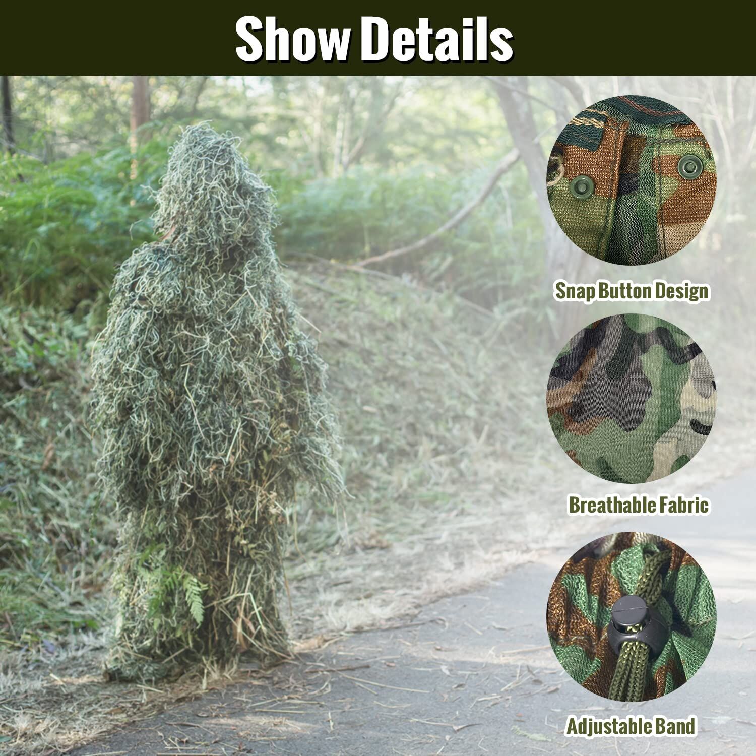 RANRANHOME Costumes De Camouflage Costumes De Ghillie Feuilles 3D Woodland Vêtements Camouflage Armée Sniper Vêtements Pantalons Militaires Chasse
